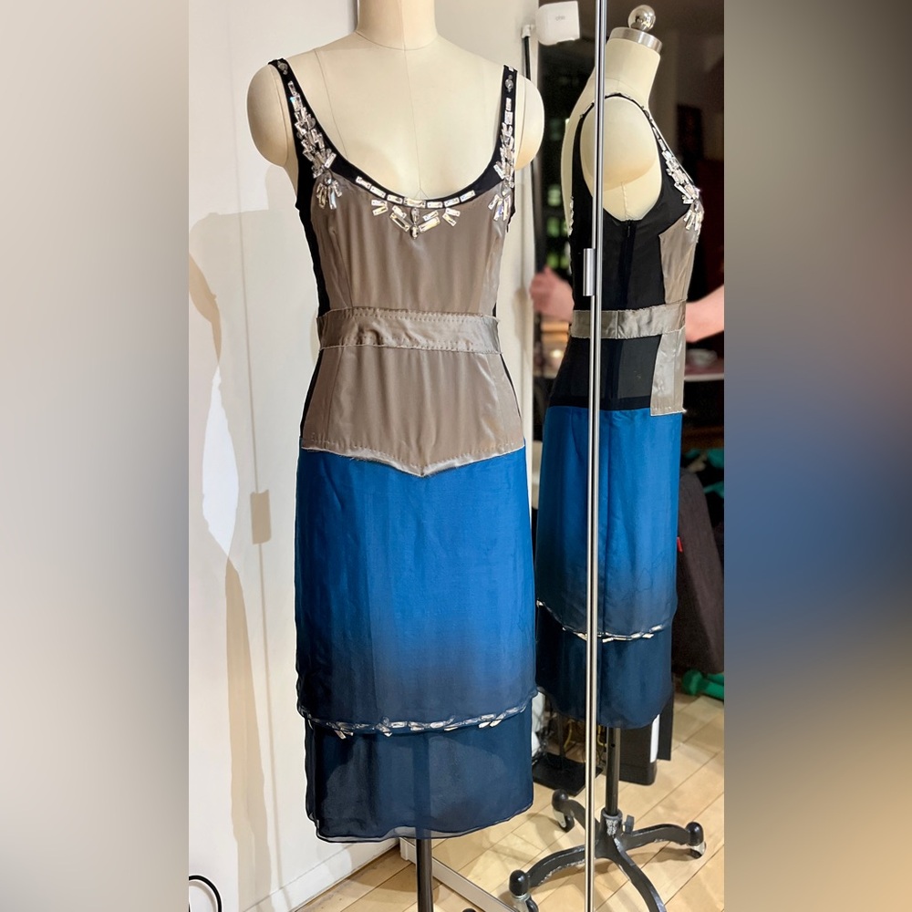 Chic Blue, Silver and Black Midi Silk Dress with Swarovski